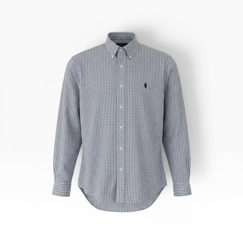 Ralph Lauren Blake Shirt Mens Large Blue White Check Two-Ply Cotton Button Down